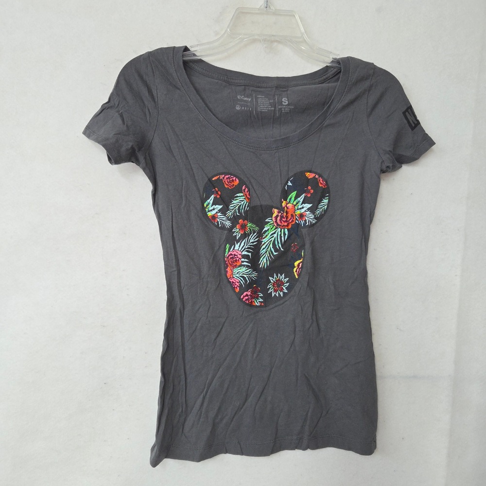 Disney Neff Mickey Mouse Floral Print Charcoal Gray‎ T Shirt Women's Small